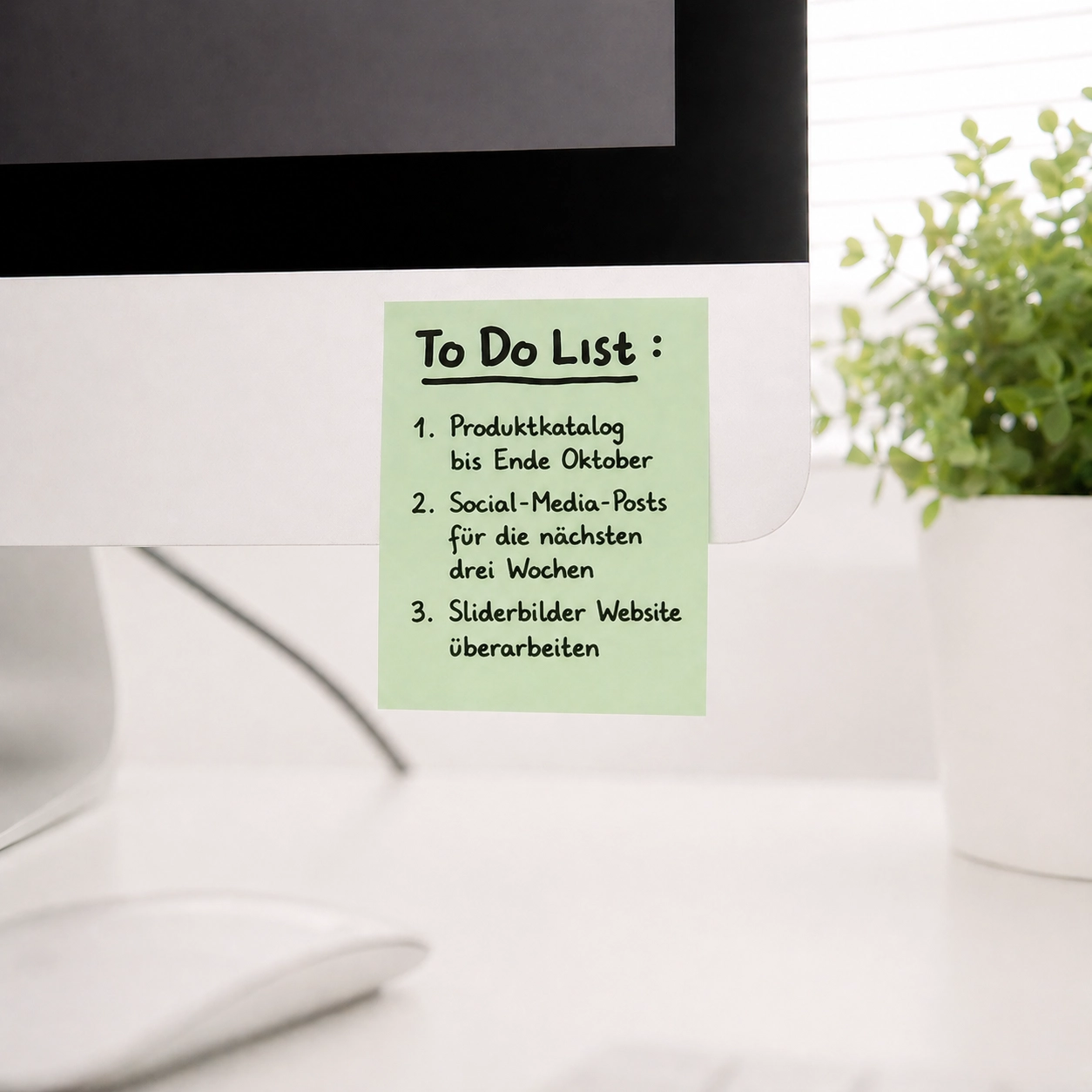 Minimalistischer Arbeitsplatz mit Computerbildschirm und grünem Post-it mit Aufgabenliste für Marketingmaterialien und Designprojekte auf weißem Tisch.