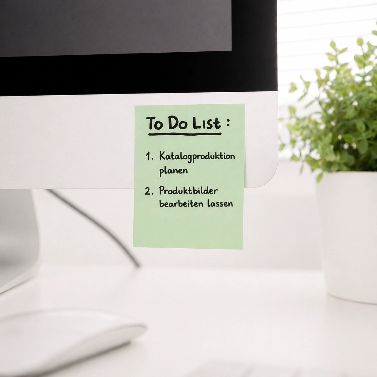 Grüner Haftnotizzettel mit To-do-Liste für Produktkatalog, Social-Media-Posts und Website-Sliderbilder an modernem Bildschirm auf hellem Schreibtisch im cleanen Büro. Soll an Design Unterstützung erinnern.