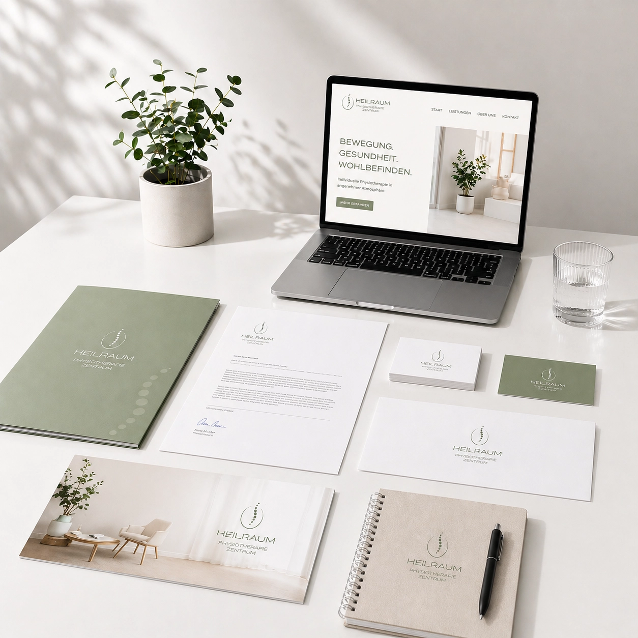 Minimalistische Präsentation eines Corporate Designs mit Laptop-Website, Briefpapier, Broschüre, Visitenkarten und Markenmedien in heller Studio-Atmosphäre.