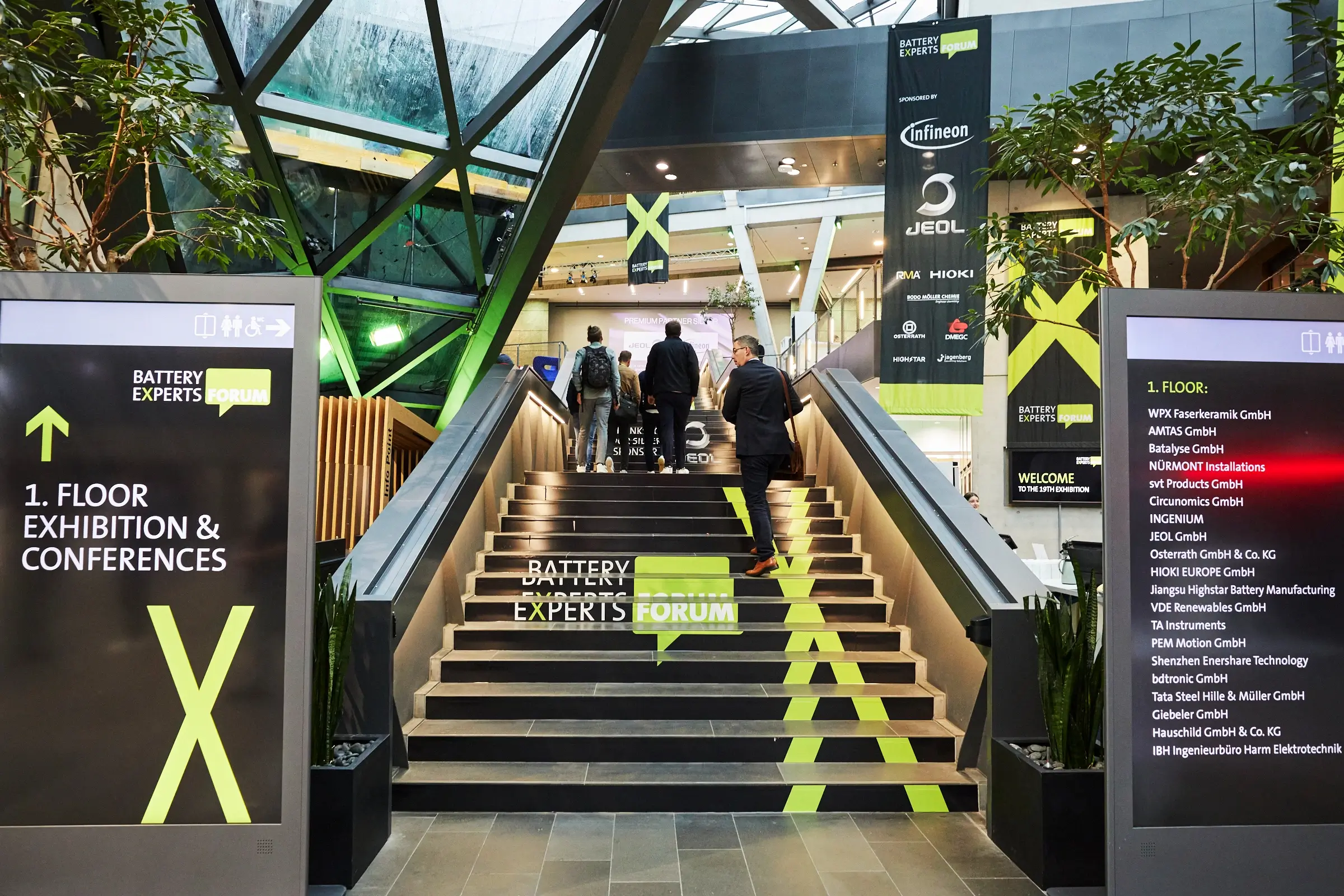 Großformatiges Orientierungssystem im Darmstadtium Darmstadt für das internationale Battery Experts Forum mit Besucherführung und Eventbranding.