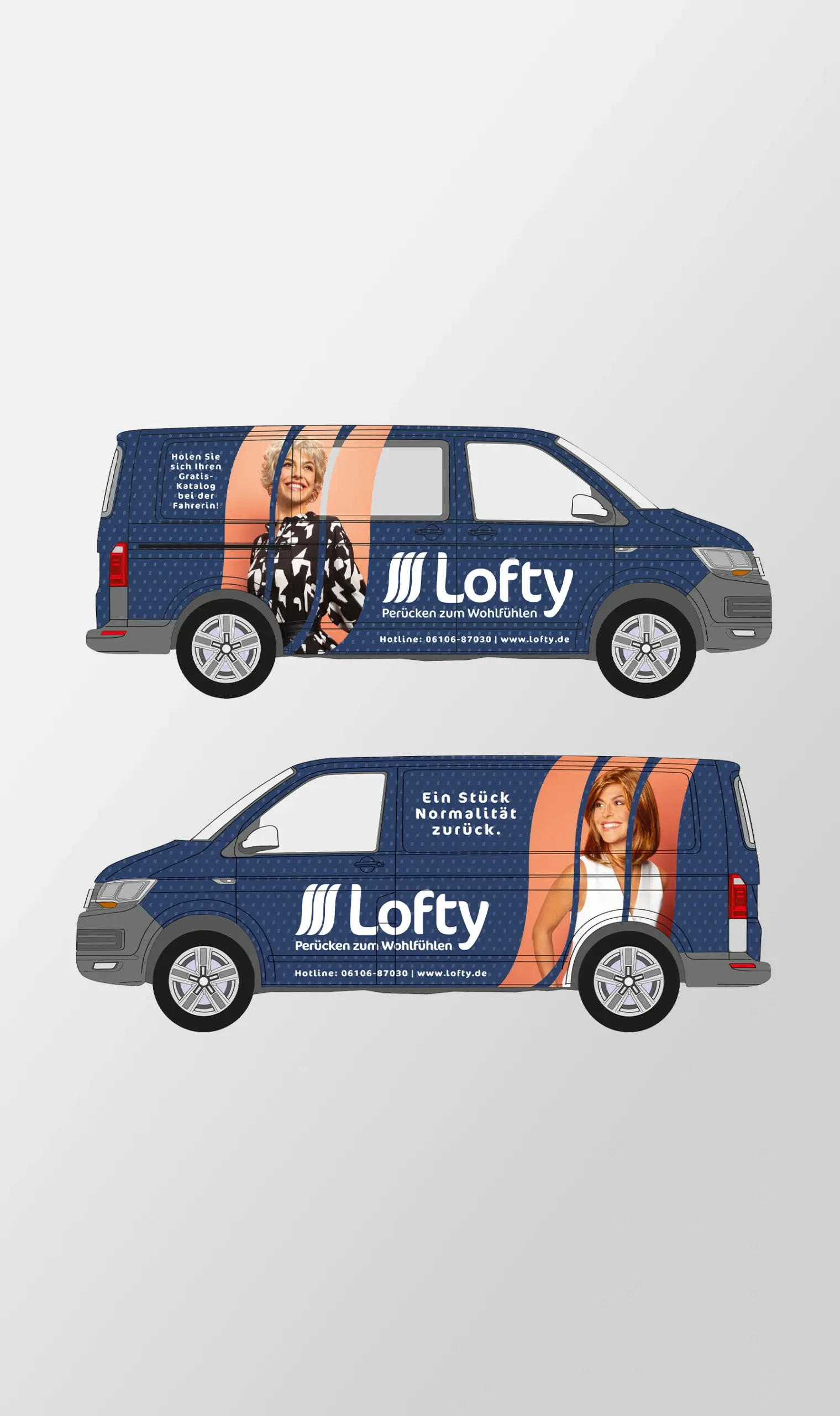 Visualisierung einer Lofty-Fahrzeugbeschriftung auf zwei Transportern mit großformatigen Modelmotiven, Logo und Markenbotschaften. Das Design überträgt das Corporate Design konsistent auf mobile Werbeflächen.
