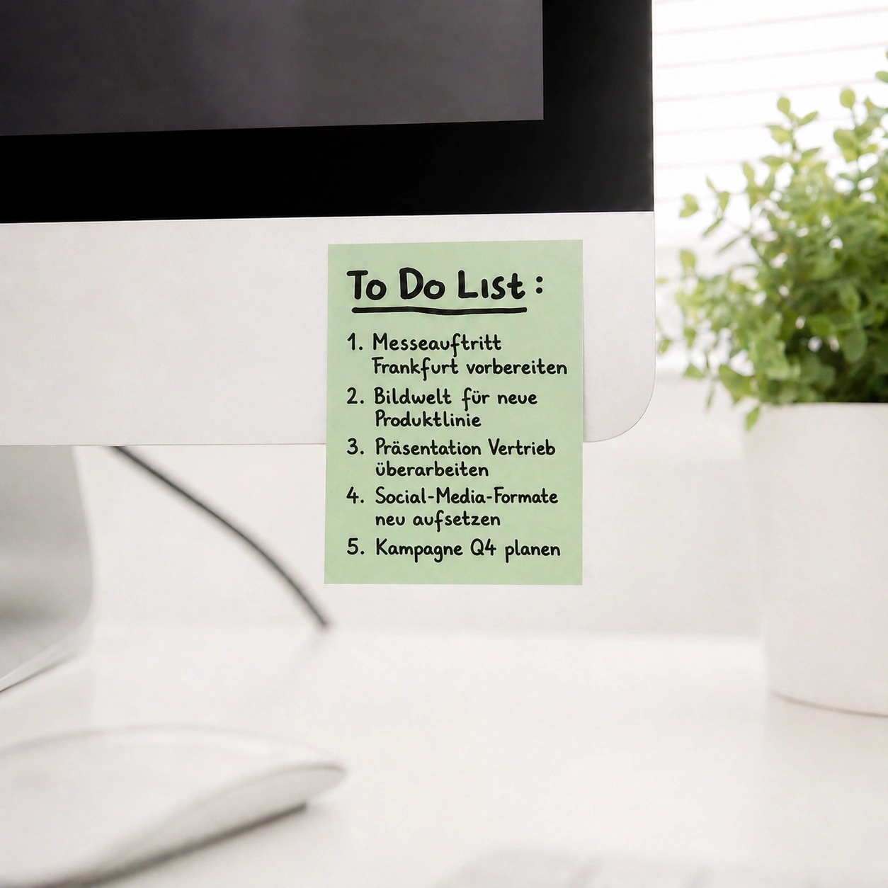 Nahaufnahme eines modernen Arbeitsplatzes mit Monitor, Pflanze und grünem Post-it. Darauf steht eine To-do-Liste mit Aufgaben zu Messeauftritt, Produktbildwelt, Vertriebspräsentation, Social Media und Q4-Kampagne.